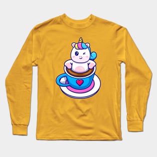 Cute Unicorn Relaxing In Coffee Cup Cartoon Long Sleeve T-Shirt